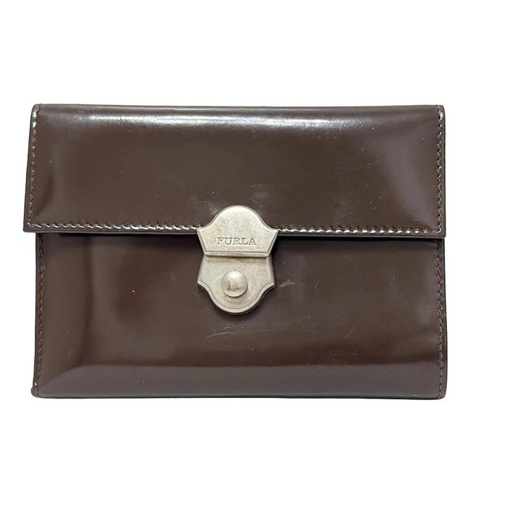 Auth FURLA - Dark Brown Leather Trifold Wallet